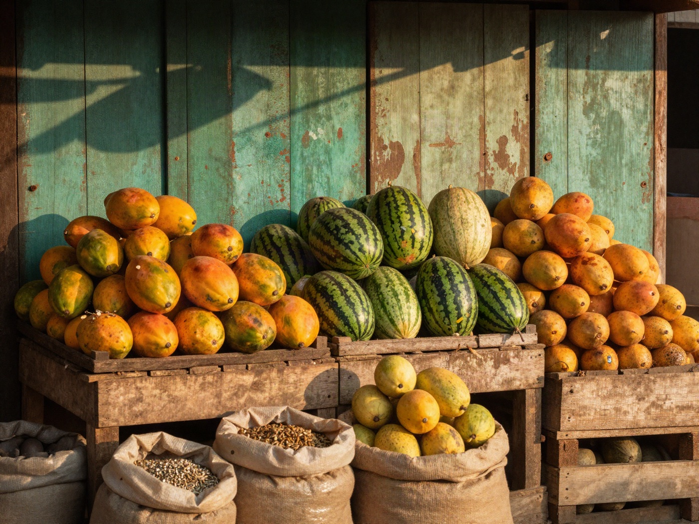 Fruit seed crates at a market stall